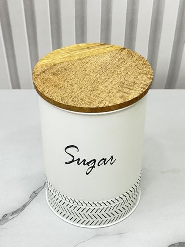 Image of JISCOVERY Airtight Tea & Sugar Container Set of 2| Metal Storage Canister with Wooden Lid for Kitchen| Storage Box for Kitchen Counter Top| 1300 ML| White