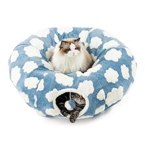Lesure Cat Tunnel Bed for Indoor Cats – Cute Cat Donut Tunnel with Washable Circle Cushion, Round Pet Play Tunnel Toy for Kitten/Puppy/Rabbit,Blue