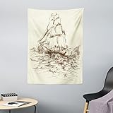 ABAKUHAUS Nautisch Wandteppich & Tagesdecke, Hand gezeichnetes Schiff Artsy, aus Weiches Mikrofaser Stoff Modernster Digitaldruck Technologie, 110 x 150 cm, Creme Schwarz