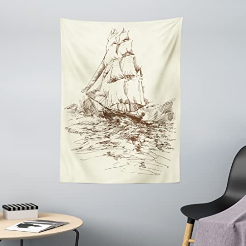 ABAKUHAUS Nautisch Wandteppich & Tagesdecke, Hand gezeichnetes Schiff Artsy, aus Weiches Mikrofaser Stoff Modernster Digitaldruck Technologie, 110 x 150 cm, Creme Schwarz