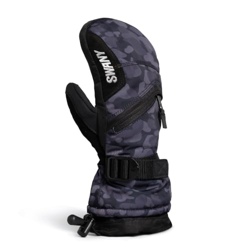 Swany Junior X-Over Insulated Warm Durable Touch Screen Compatible DryShell Winter Skiing Mittens, Black/Camo, Medium