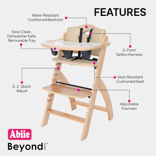 Image of Abiie Beyond Junior Wooden High Chair with Tray - Adjustable and Convertible High Chair for Babies and Toddlers - 6 Months to 250 Lb - Water Resistant - Natural Wood with Beige Cushion