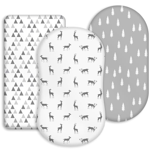 Image of Bassinet Sheets 3 Pack, Breathable Cozy Fitted Mattress Sheet, Elastic Travel Bassinet Fashionable, Standard Cradle Safe Sheets for Baby Boy Girls 32 inch x 16 inch Grey Deer