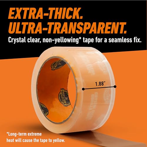 Gorilla Crystal Clear Tape, 1.88” x 18 yd (Pack of 1) - Weather Resistant for Indoor or Outdoor Projects and Repairs