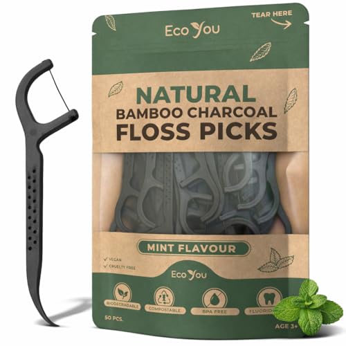 Biodegradable Floss Picks | 50 Count (1 Pack) | Mint Flavor Candelilla Wax | Sustainable & Reusable | Vegan & Cruelty-Free | Bamboo Floss Picks Bamboo Toothpicks