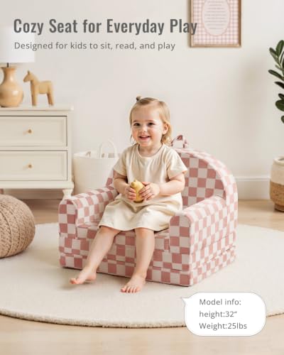Image of Blissful Diary Kids Couch, 2-in-1 Comfy Kids Chair for Reading, Playroom, Kids Couch Sofa for Girls Boys Birthday Gift, Blush Checkered