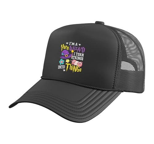 I'm Yarn Wizard I Turn Strings Into Things Funny Crocheting Trucker Hat with Adjustable Mesh Back, Black
