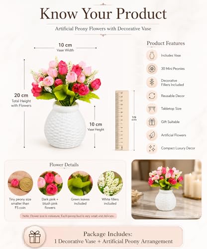 Image of Divyakosh Artificial Flower Peony Bunch with Plastic Vase for Home Decor, Small Pink Peonies Flower Arrangement with Vase, Flower Vase, Home Decoration Items for Living Room, Aesthetic Home Decor