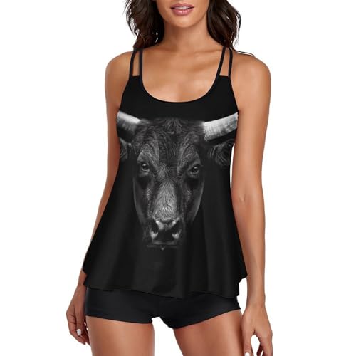 Maillot de Bain Tankini Noir Tête de Taureau et Shorty de Bain Idéal pour Journée Plage