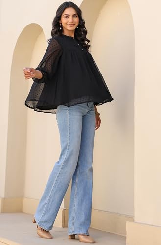 Image of Janasya Women's Dobby Chiffon Solid Empire Top