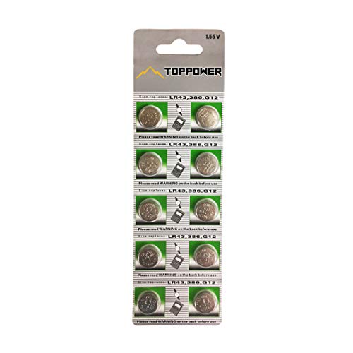 TOPPOWER AG12 Alkaline Button Cell Battery LR43 186 L1142 - 10 Batteries