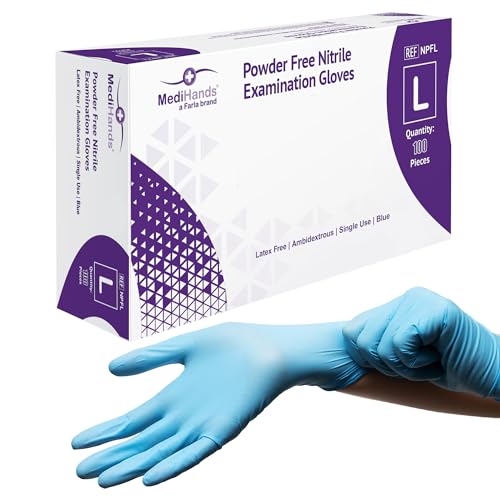 MediHands Nitrile Gloves Large Blue Heavy Duty Disposable Gloves Powder Free Latex Free and Protein Free Medical Food Multi Use Pack of 100