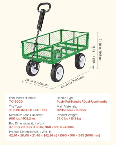 Image of VEVOR 900 LBS Steel Garden Cart, 2 in 1 Handle, Heavy Duty Pullable Garden Wagon with 10 inch Flat-Free Tires, Outdoor Utility Yard Wagon Cart with Detachable Side Panels, Attach to ATV or Tractor