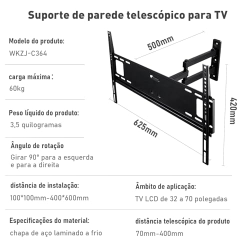 Suporte Articulado de Parede para TV, Ajuste Livre, Adequado para TVs de 32 a 70 Polegadas, Suporta