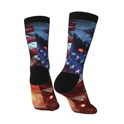 OUSIKA Fireworks American Flag Athletic Socks for Men Sport Running Calf Socks Breathable Crew Socks for Women Novelty Socks, 3 Black, One Size3