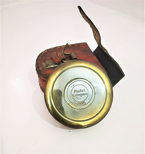 Brújula de bolsillo vintage de latón 1885 con estuche de cuero, herramienta de navegación antigua miniatura 1