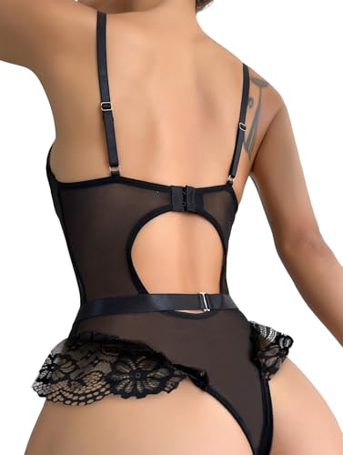 Image of Lilosy Sexy Stocking Lace Mesh Bodysuit Top Underwire Garter Lingerie Set 3 Piece