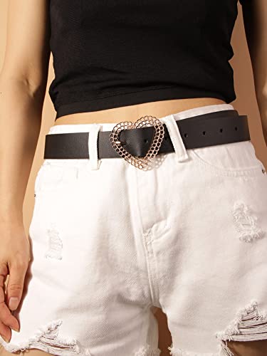 YOU&M Women's Hollow Buckle Lover Heart Black Soft Faux Leather Waist Belt3
