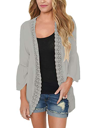 PRETTODAY Women s Summer Kimono Cardigans Ruffle Bell Sleeve Sweaters Lace Cover Up Loose Blouse Tops (Light Grey, m)