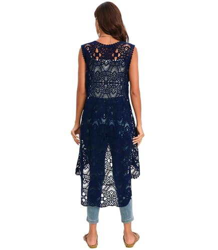 Image of Women's Crochet Long Vest Sleeveless Lace Cardigan Hollow Out Kimino Cover Up