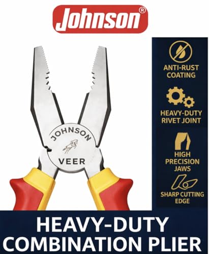 Image of Johnson Heavy Duty Rust Proof Plier Insulated Combination Pliers 8-Inch with Anti-Slip Grip, Wire Cutter & Gripper, Forged Chrome Vanadium Steel for Electricians & Home Repair