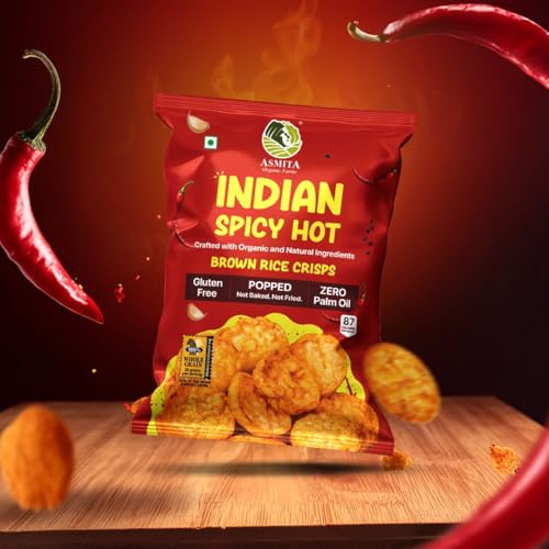 Image of Asmita Organic Farms Brown Rice Popped Crisps (55g, Pack of 3) | Not Baked, Not Fried | Low Fat, High Fiber, with Foxtail Millet | Healthy, Low-Calorie, Popped Snack | Indian Spicy Hot Flavor, Guilt-Free Snack Option