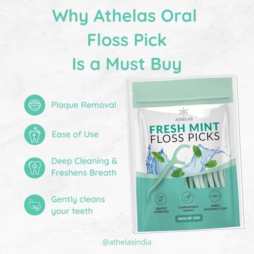 Athelas Pack of 100 Fresh Mint Dental Floss Picks | Dentist Designed & most convenient teeth Flosser for fresh Breath & complete oral plaque removal (Fresh Mint)