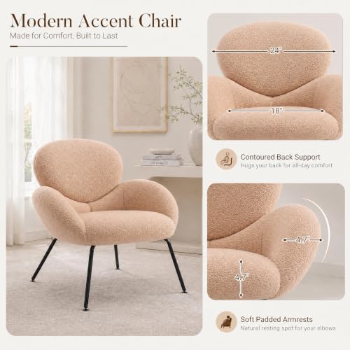 Image of Accent Chairs Set of 2 for Living Room, Boucle Fabric, Camel | Modern Accent Chair with Cloud Backrest, Soft Textured Boucle Fabric, Small Reading Chair for Sunroom, Reception Area