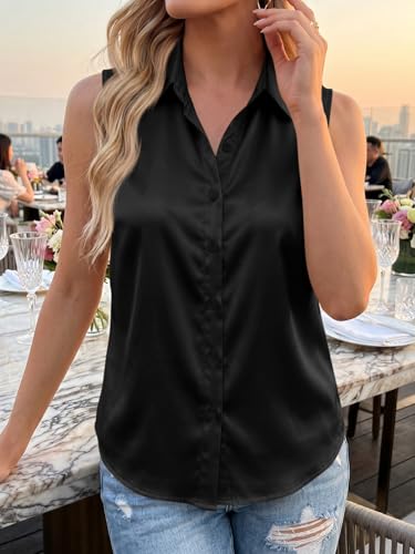 Image of Cicy Bell Womens Summer Satin Tank Tops Silky Casual Dressy V Neck Sleeveless Button Down Shirts Loose Fit Work Blouses