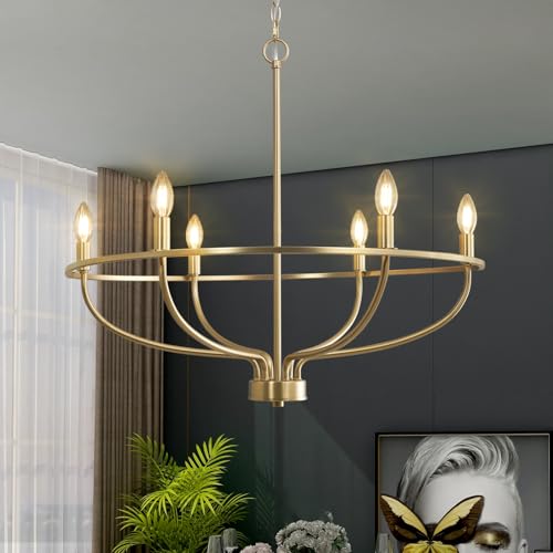 FookChak 6 Light Gold Chandelier, Brushed Gold Light Fixture Dining Table Candle Brass Chandelier...