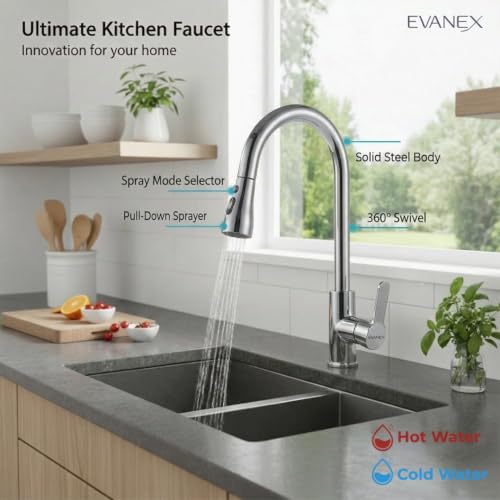 Image of EVANEX Kitchen Faucet 304 Grade Stainless Steel Pull Down Kitchen Faucet 360 Degree Rotating Tap for Sink Water Saving Aerated Flow Deck Mounted Kitchen Sink Faucet