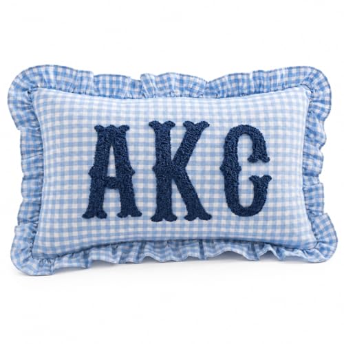 miaspillow lab Personalized Monogram Pillow Cover with Embroidered Initials Custom Gingham Accent Throw Pillow with Ruffle Trim Handmade Decorative Cushion for Any Room