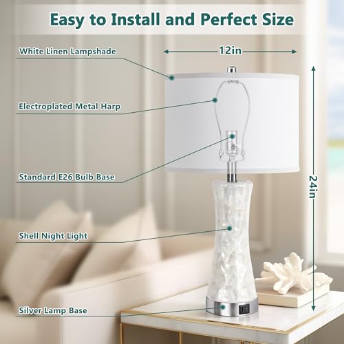 AuraBasic 24" Capiz Shell Table Lamp Set of 2, Pearl White Coastal Bedside Lamp with LED Nightlight, Modern Beach Nightstand Lamp with Updated USB A+C Ports for Bedroom, Living Room End Table - Image 3