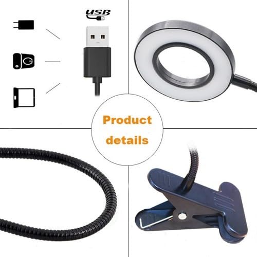 USB Büyüteçli LED Masa Lambası, 3 Renk Modu, Klipsli Tasarım, Esnek Boyun, Doğal Işık, Sıcak Işık, Soğuk Işık