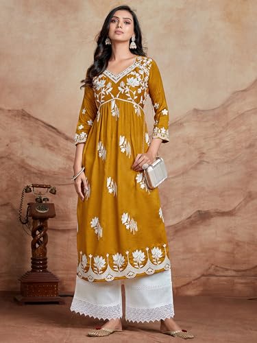 Image of EthnicJunction Women's Silk Blend Regular Fit Chikankari Embroidered Naira Cut Kurta
