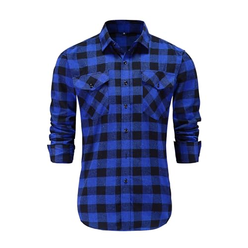 Image of Dioufond Men Flannel Shirt Long Sleeve Lumberjack Costume Mens Checked Shirts Blue Buffalo Flannel Medium