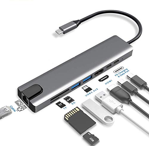 Image of Tobo 8 in 1 USB C Hub with Ethernet Adapter, 4K HDMI Output, Type C Power Delivery, SD /Micro SD Card Reader and 3 USB 3.1 Ports for MacBook Pro, XPS and More (Space Grey) TD-174TC