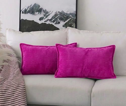 Image of RD TREND Corduroy Cushion Cover Set of 2, Striped Double Sided Decorative Throw Pillowcases for Sofa, Bed & Living Room Rectangular Long Cushion Covers 18x28 inches | Dark Pink