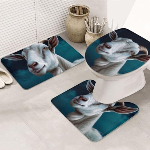 Dwrepo Goat Print Bathroom Rug Set 3 Piece with Non-Slip U-Shaped Contour Mat and Toilet Lid Cover for Bathroom Decoration