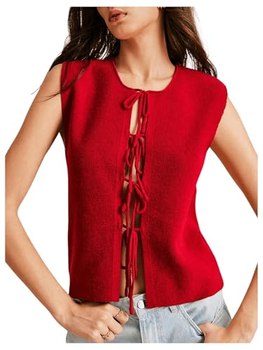 MakeMeChic Women's Tie Front Crew Neck Sweater Vest Sleeveless Plain Slim Fit Knit Tops