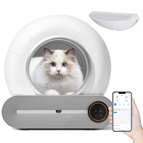 SEOCCTV Self Cleaning Cat Litter Box, Large Automatic Cat Litter Box with Automatic Scooping and App Control Modern Indoor Cat Litter Box with Ionic Deodorization and Liner for All Cats(White Gray)