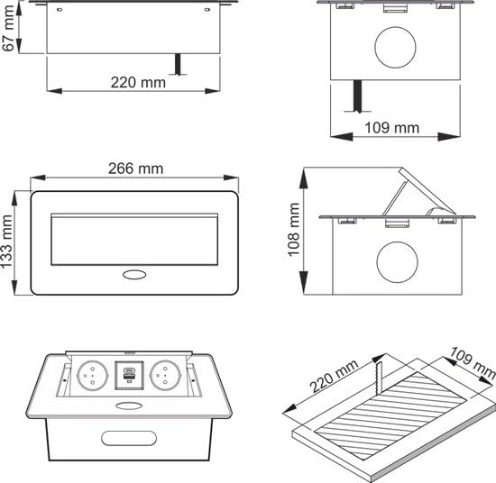 Kombibox - Ciabatta da incasso con 2 prese e USB e USB-C con cavo da 3 metri (nero)