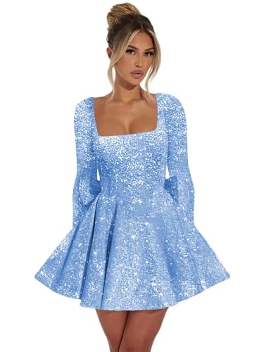 Long Sleeve Sparkly Sequin Homecoming Dresses for Teens Short Square Neck Mini Formal Cocktail Party Gown4