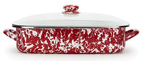 Enamelware, 16 x 12½ x 4 inch deep Lasagna Pan, holds 10½ quarts, with glass lid, Red Swirl Enamelware, 16 x 12½ x 4 inch deep Lasagna Pan, holds 10½ quarts, with glass lid, Red Swirl