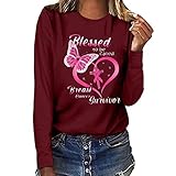 Ceboyel Breast Cancer Survivor Shirts for Women Long Sleeve Tops Tees Butterfly Ribbon Tshirt Funny Clothing Items 2023 Pink Accessories for Breast Cancer Awareness Red L