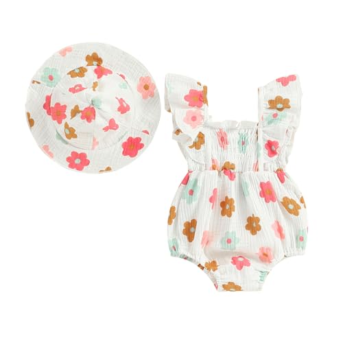 Rtnnsbbfcm Newborn Baby Girl Clothes Fly Sleeve Romper Floral Jumpsuit With Hat Infant Baby Girl Summer Cute Outfit (Flower Bubble Romper, 0-3 Months)