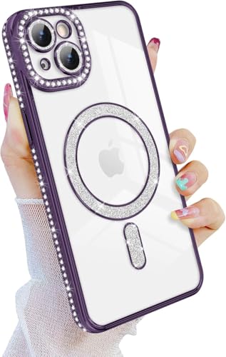 Image of Cute Compatible with iPhone 13 Diamon Glitter Case,Luxury Bling Rhinestone Soft Clear TPU Bumper Case,Compatible with MagSfe and Camera Lens Protection Cover for Women Girls (Purple)