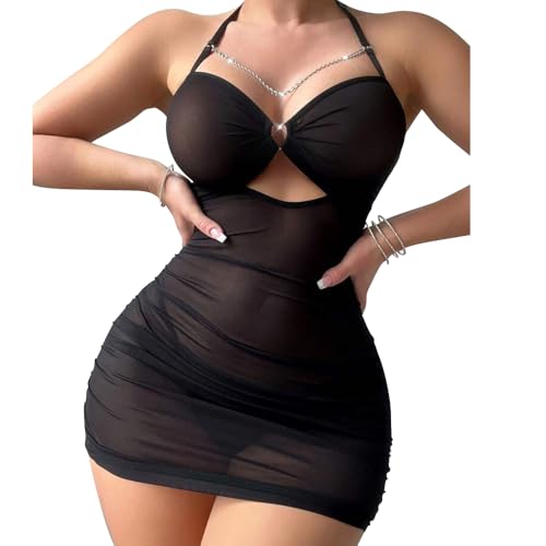 KOEMCY Dessous Damen Sexy Unterwäsche Neckholder Minikleid Lingerie Transparent Mesh Netzoberteil Reizwäsche Netzshirt Fishnet Körperformend...
