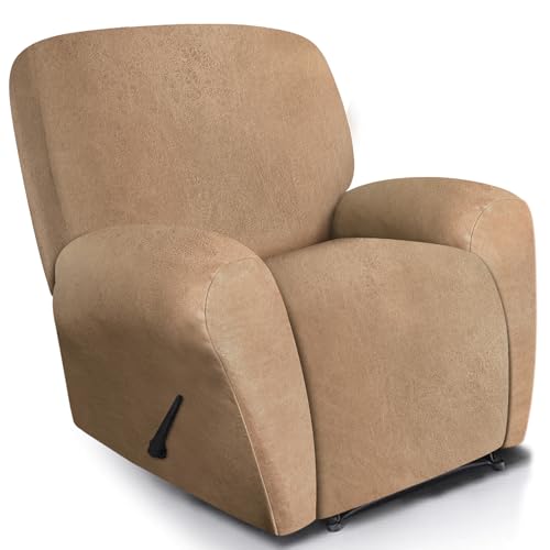 Image of ANARACHON Leather Look Recliner Chair Covers, 4 Pieces Recliner Covers Non Slip, Soft Cover for Reclining Chair, Washable Furniture Protector for Pets (1 Seater, 026 Brown)