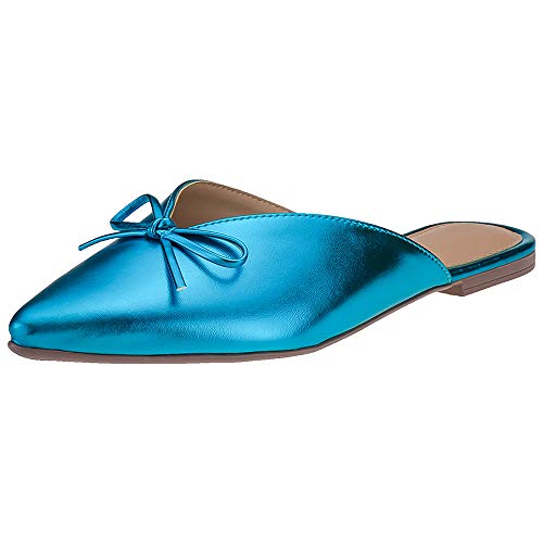 Mule Feminino Rasteirinha Metalizado Bico Fino Eleganteria Tamanho:38;Cor:Azul Metalizado
